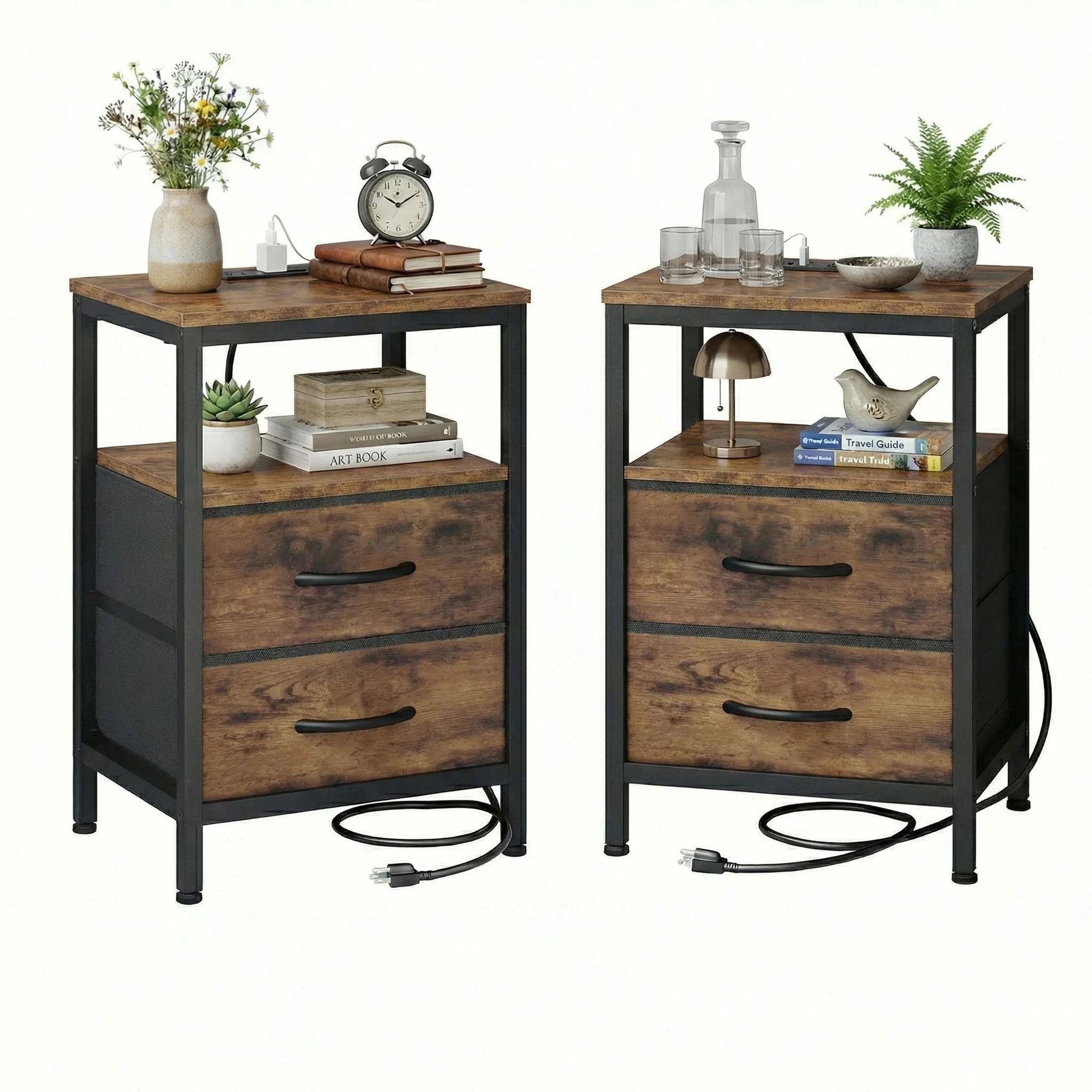Nightstands Set of 2 with USB Ports and Fabric Drawers Storage-Black and Rust / United States