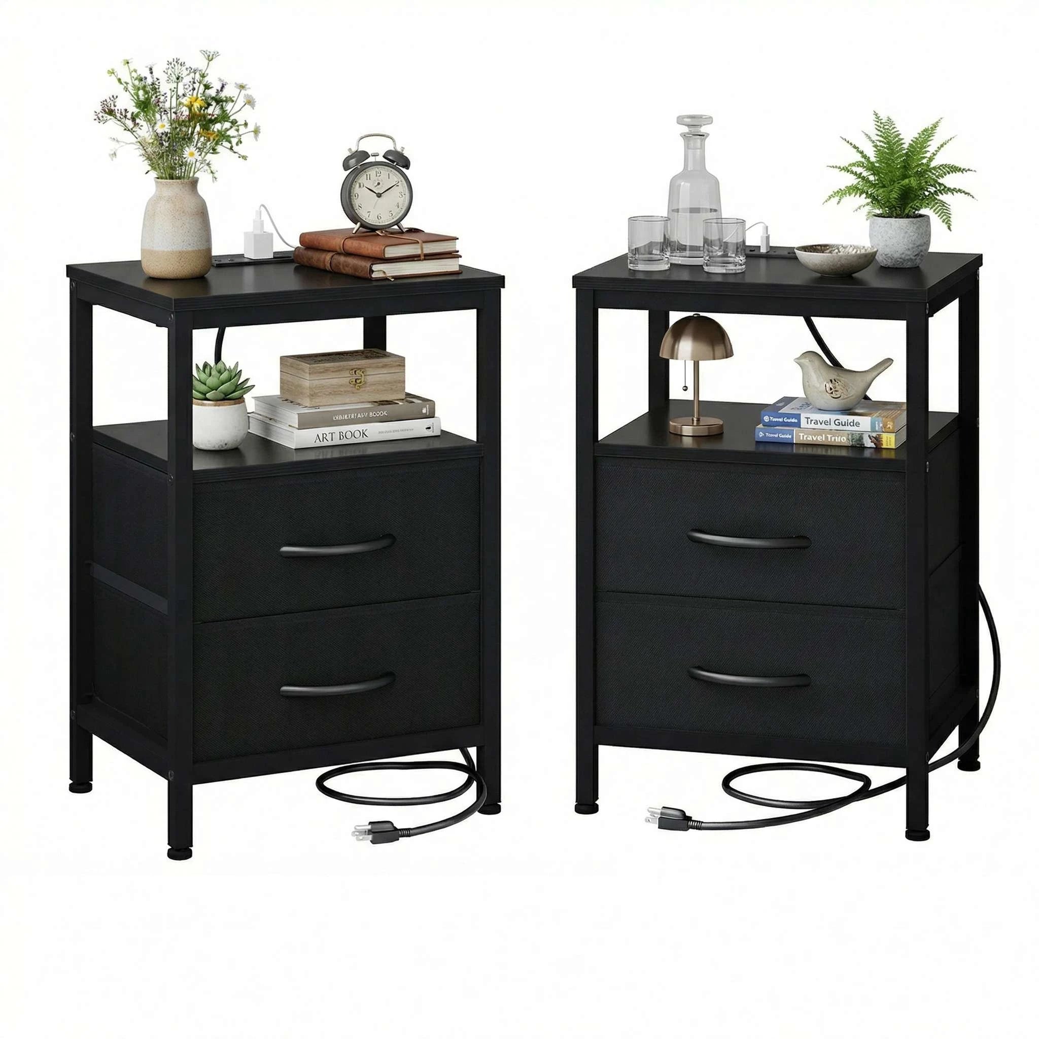 Nightstands Set of 2 with USB Ports and Fabric Drawers Storage-Black and Rust / United States