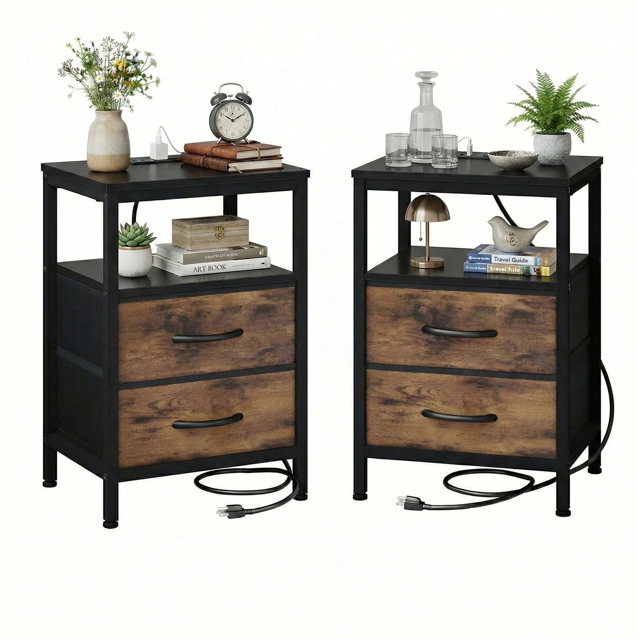 Nightstands Set of 2 with USB Ports and Fabric Drawers Storage-Black and Rust / United States