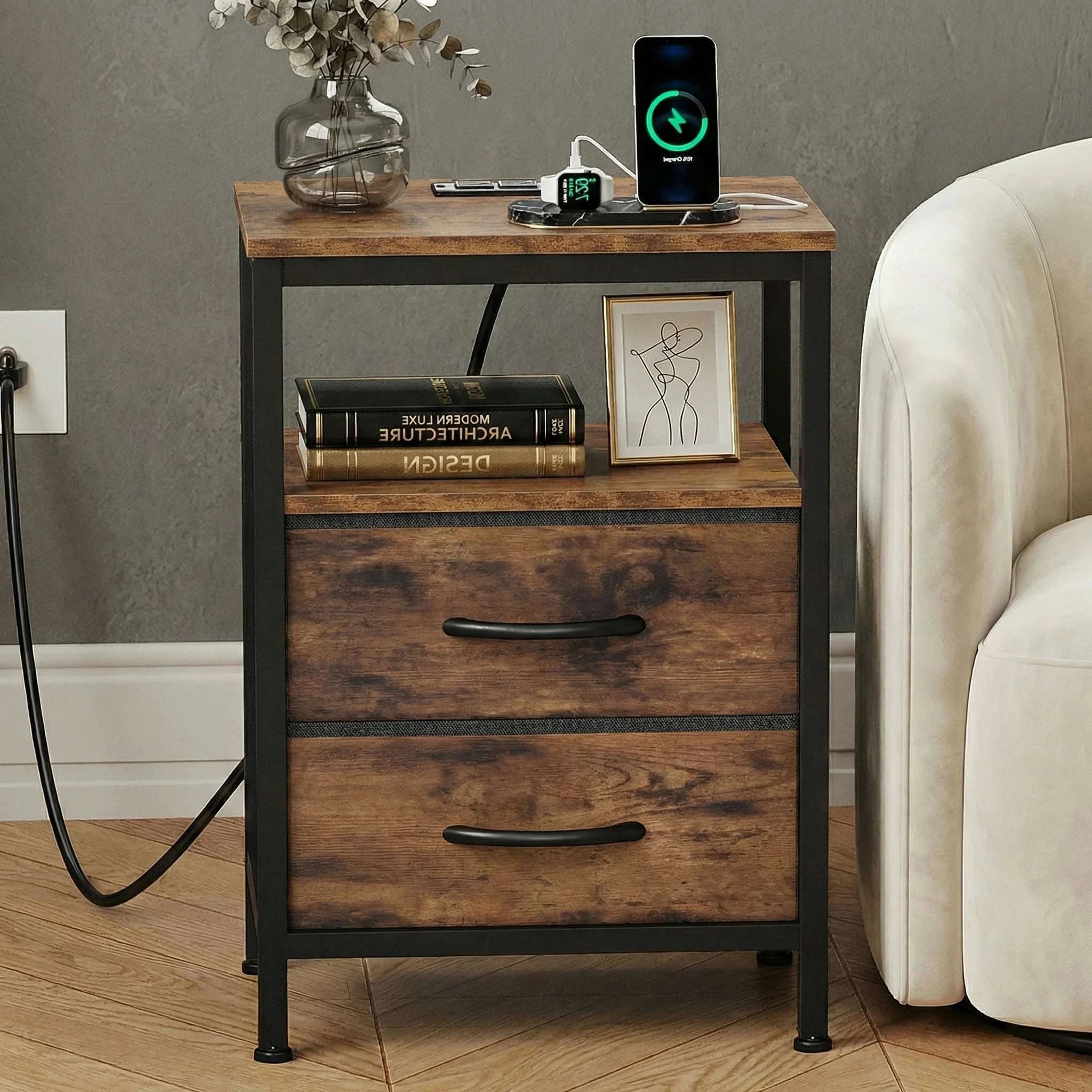 Nightstands Set of 2 with USB Ports and Fabric Drawers Storage-Black and Rust / United States