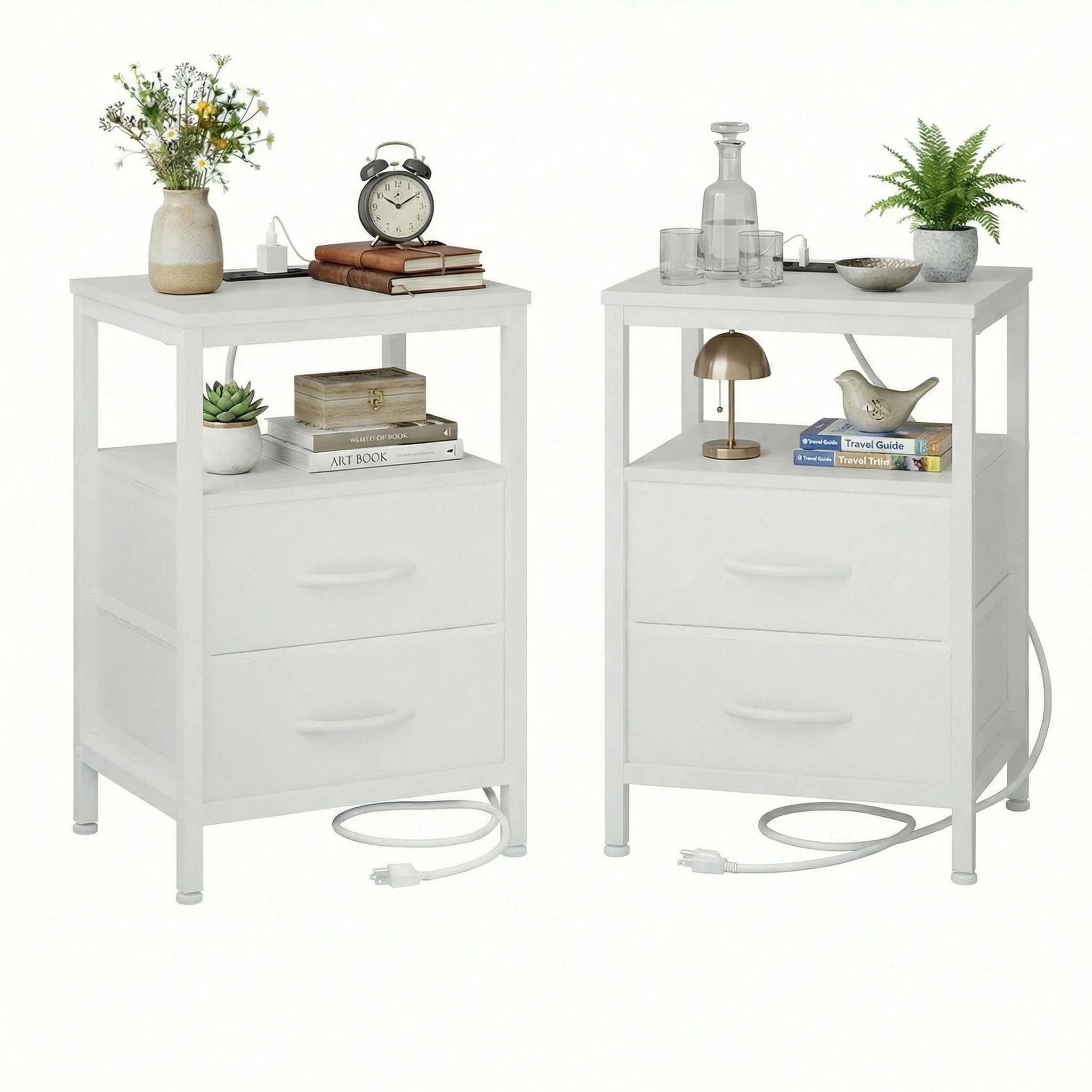 Nightstands Set of 2 with USB Ports and Fabric Drawers Storage-Black and Rust / United States