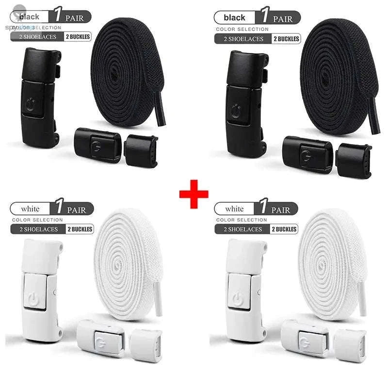 No-Tie Press Lock Elastic Shoelaces, 8mm Flat Laces-8Black-8White / 100cm