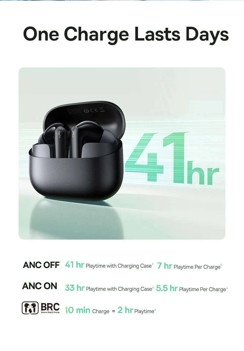 Noise Cancelling True Wireless Earbuds Bluetooth 6.0 with 41Hr Playtime-Black