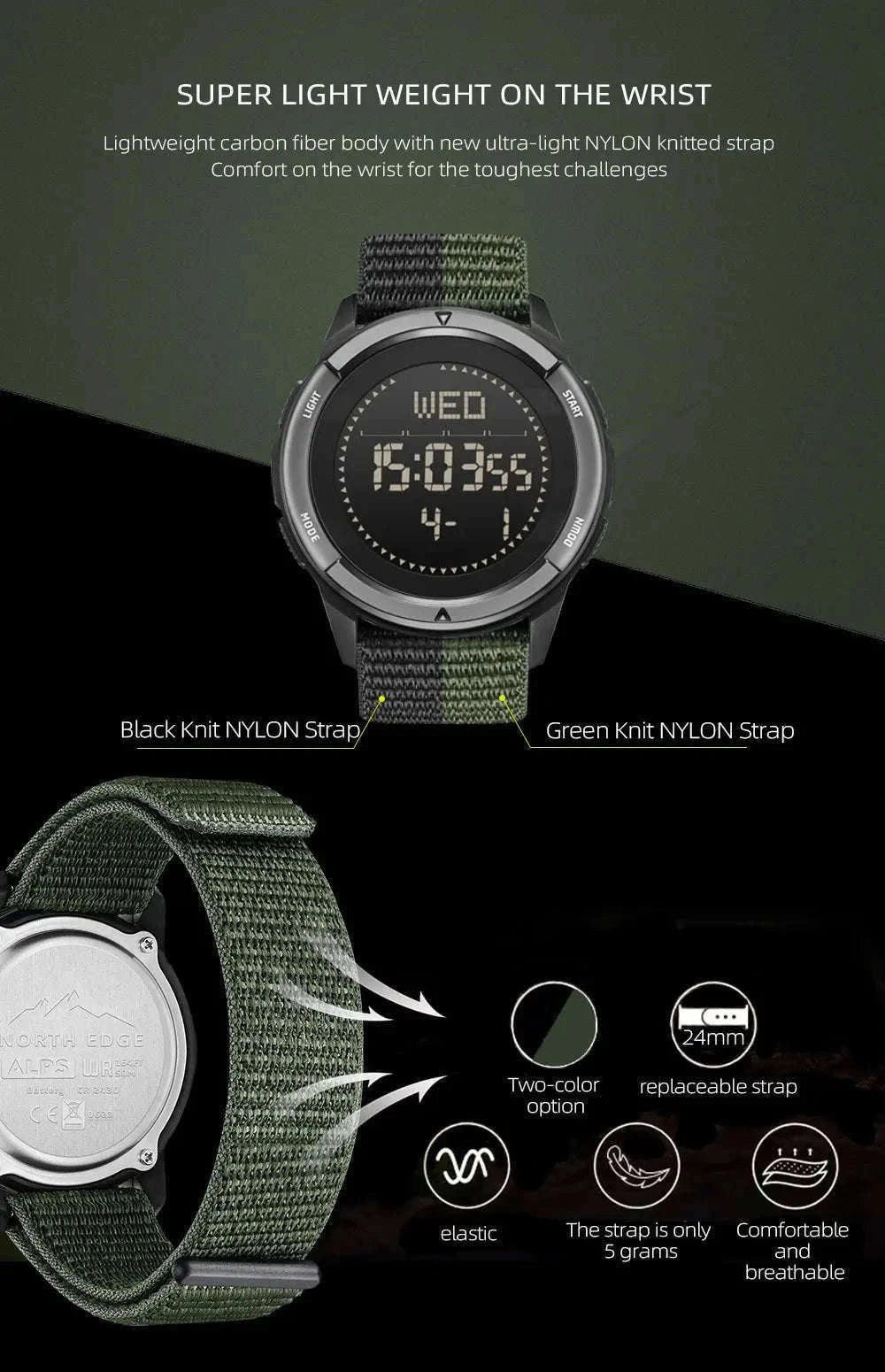 NORTH EDGE ALPS Carbon Fiber Outdoor Watch-Black Strap