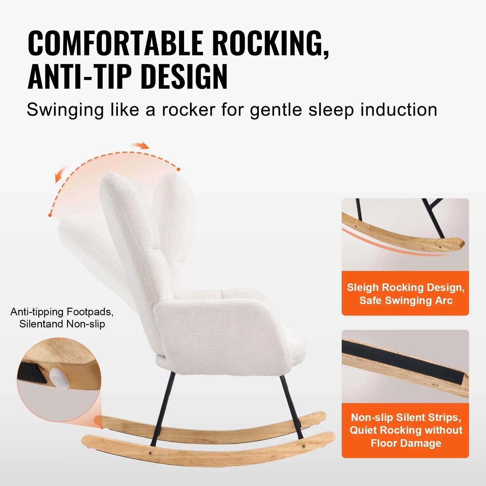 Nursery Rocking Chair with Upholstered Cushion and 250 lb Capacity-Ivory White / United States