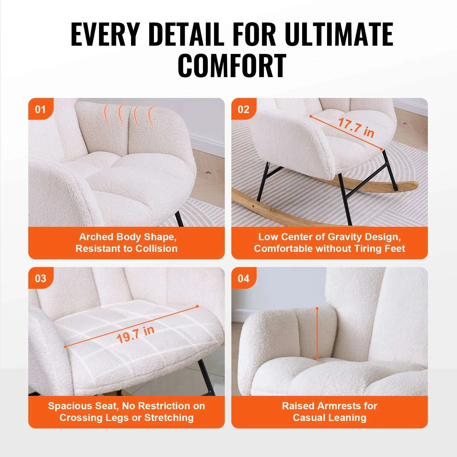 Nursery Rocking Chair with Upholstered Cushion and 250 lb Capacity-Ivory White / United States