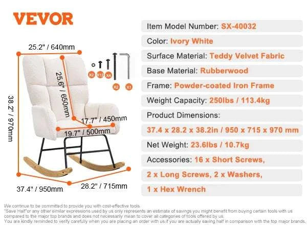 Nursery Rocking Chair with Upholstered Cushion and 250 lb Capacity-Ivory White / United States