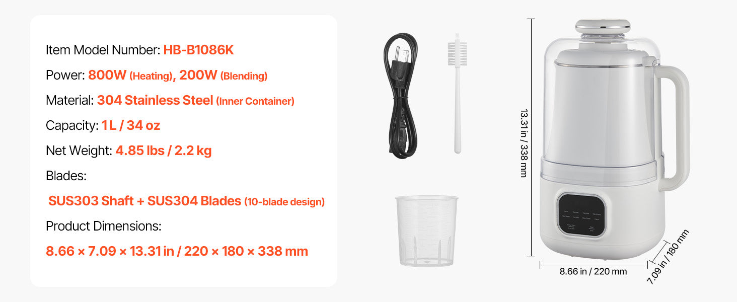 Preparatore di Latte di Noci 8-in-1 da 34oz con Autopulizia e Timer da 12h