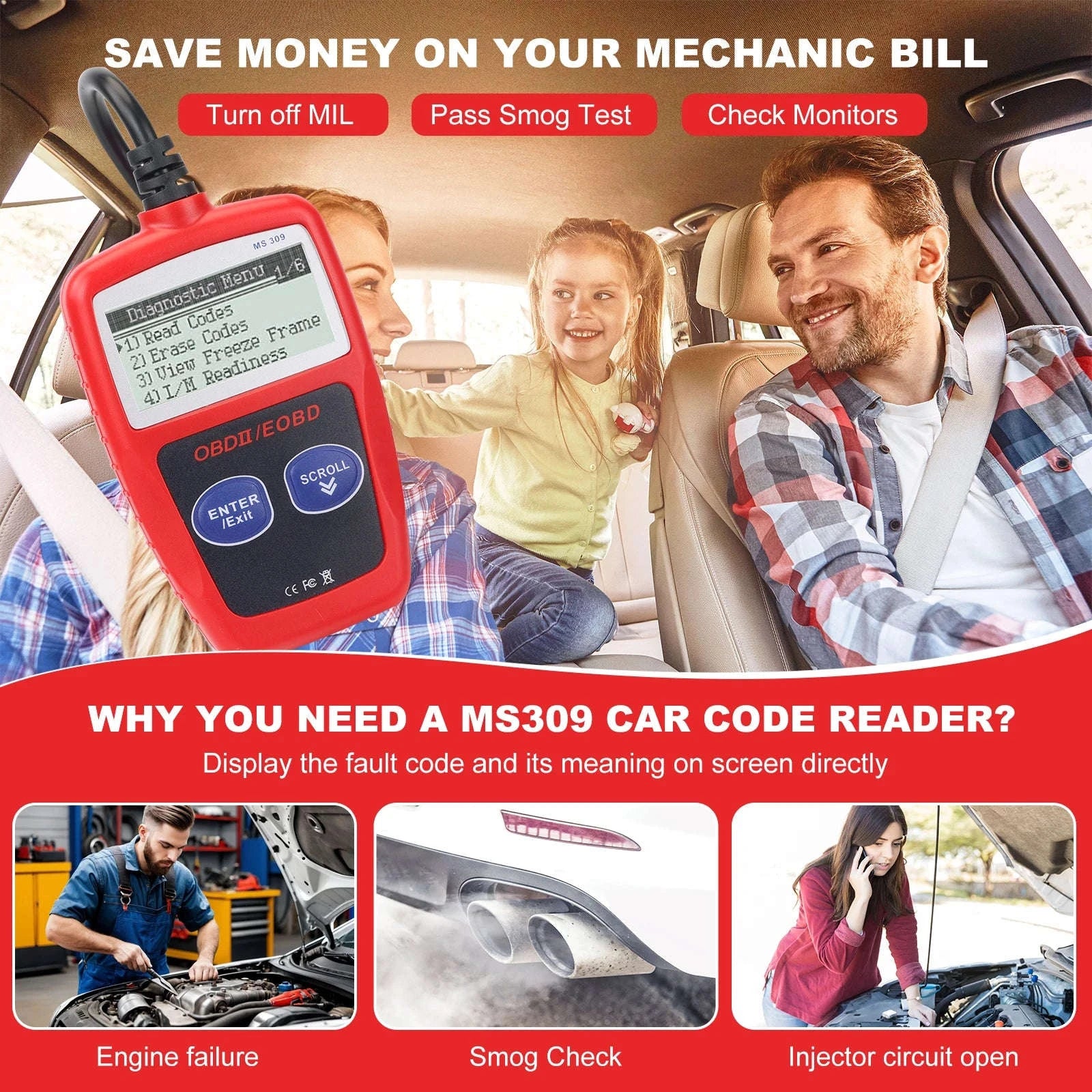 OBD2 Diagnostic Scanner Code Reader-MS309 red / 200mm / United States