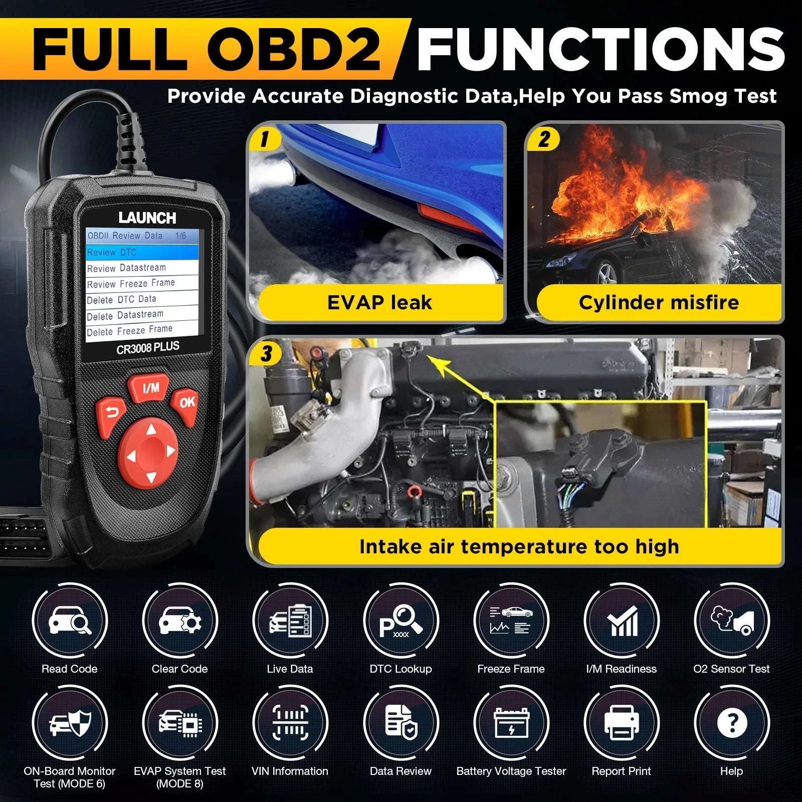 OBD2 Scanner Code Reader with Engine Diagnostics & Battery Test-United States