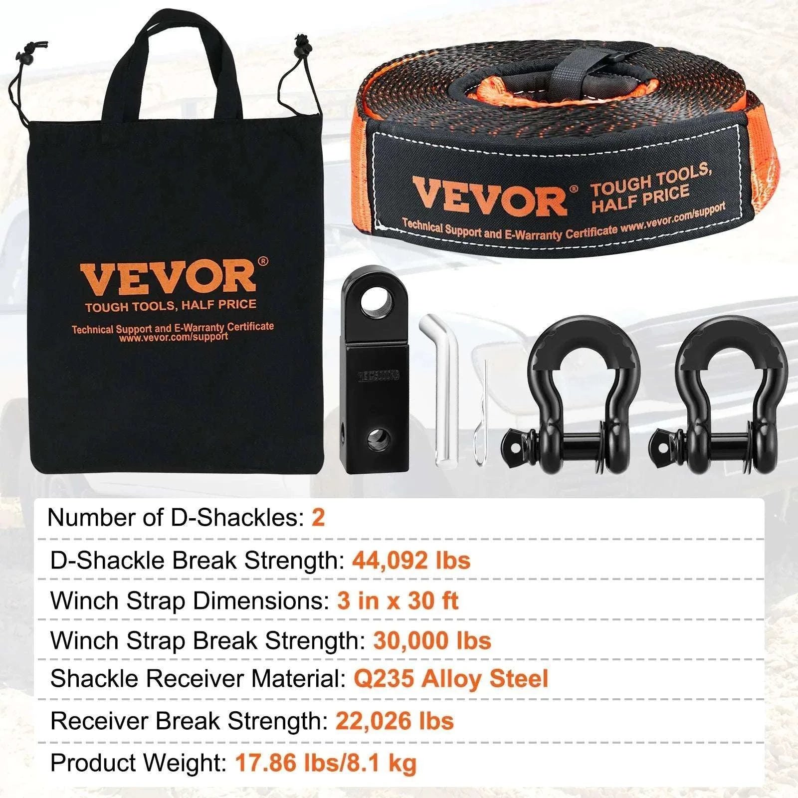 Off-Road Recovery Kit with 30,000 lb Tow Strap & D-Ring Shackles-5-piece set / CZECH REPUBLIC
