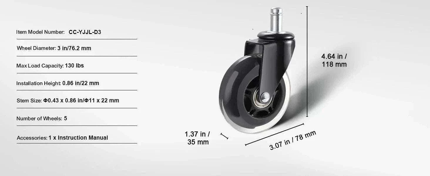 Office Chair Replacement Wheels Set of 5 Smooth Quiet Casters-3 in Single Wheels / CZECH REPUBLIC