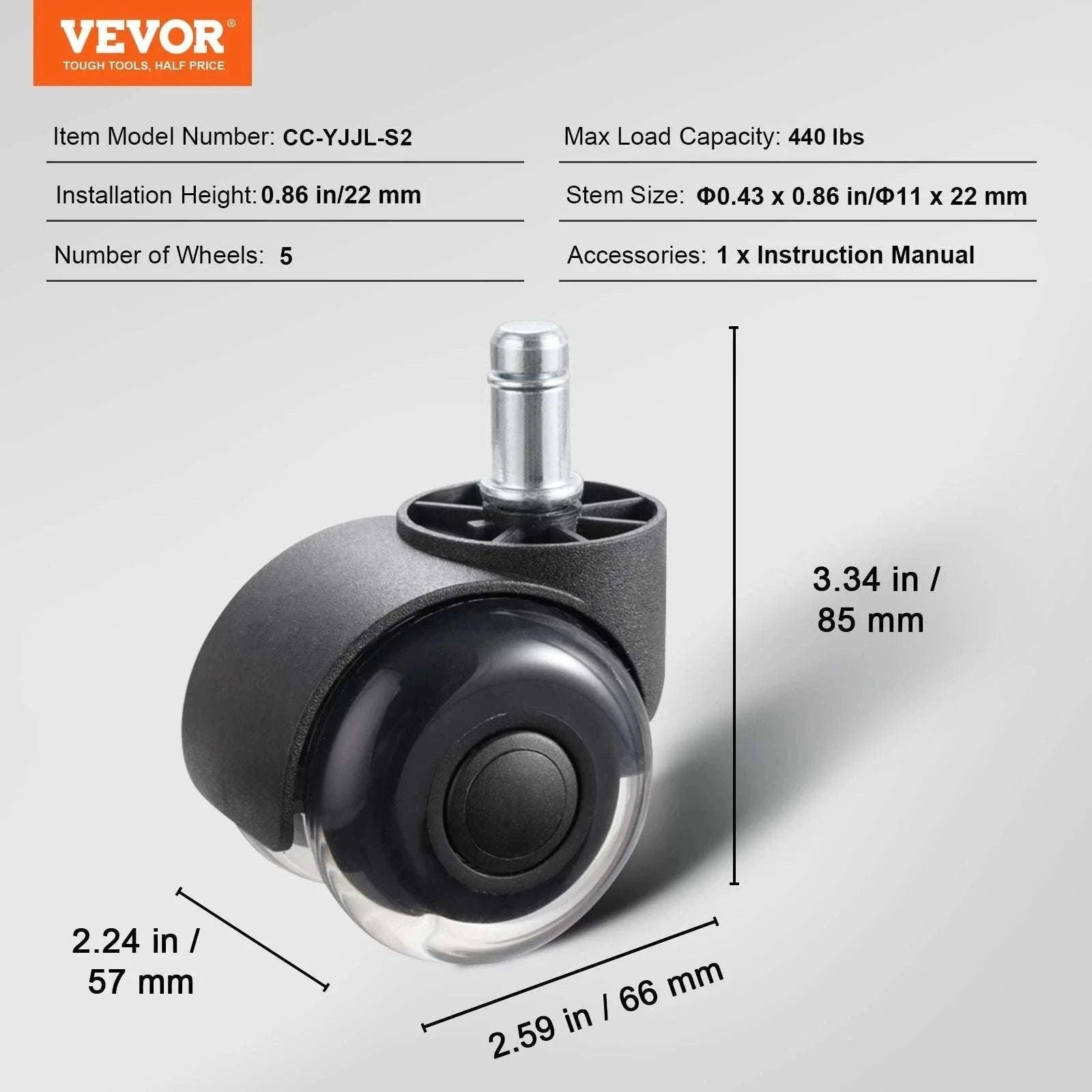 Office Chair Replacement Wheels Set of 5 Smooth Quiet Casters-3 in Single Wheels / CZECH REPUBLIC