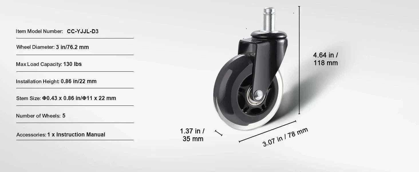 Office Chair Replacement Wheels Set of 5 Smooth Quiet Casters-3 in Single Wheels / CZECH REPUBLIC