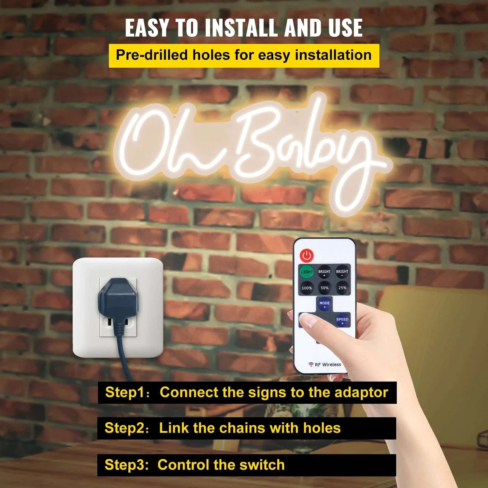 Oh Baby LED Neon Sign with Remote & Adjustable Brightness-