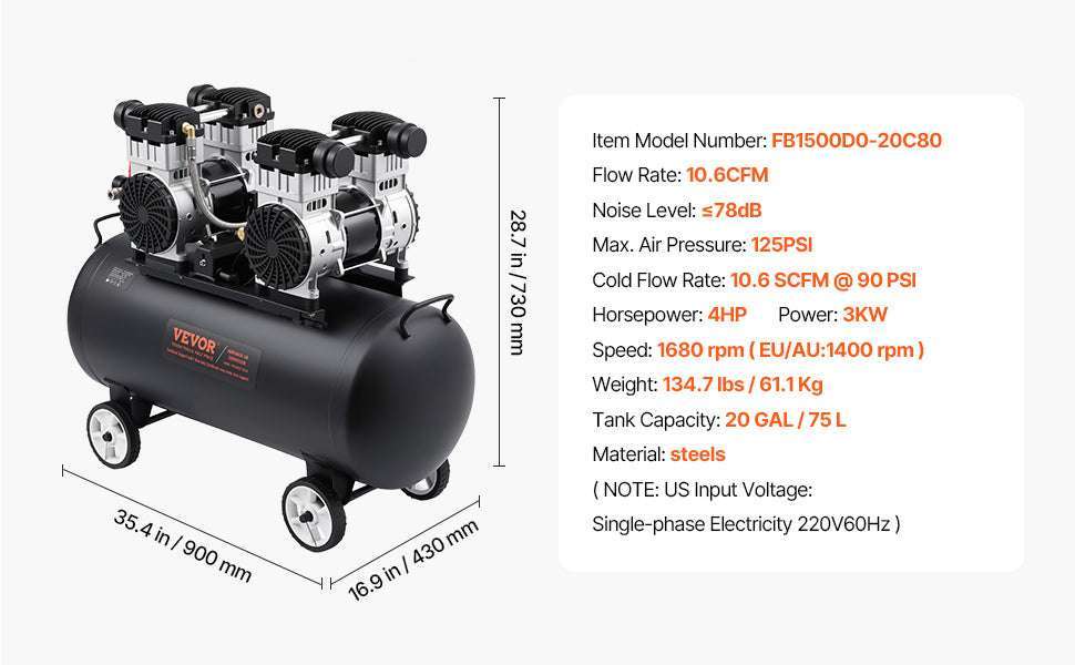 Oil-Free Air Compressor Quiet Electric Pump for Tires & Tools-30L / United States