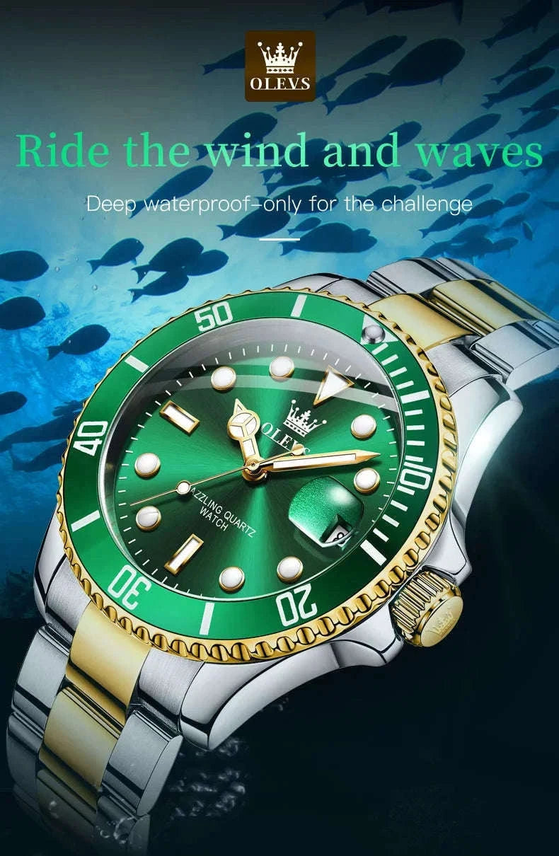 OLEVS Green Waterproof Quartz Watch-Golden blue / No