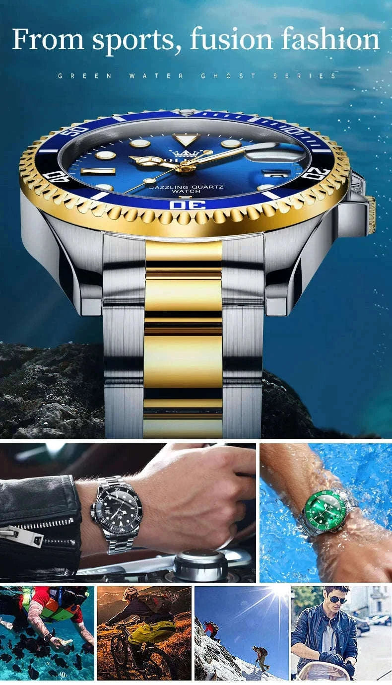OLEVS Green Waterproof Quartz Watch-Golden blue / No