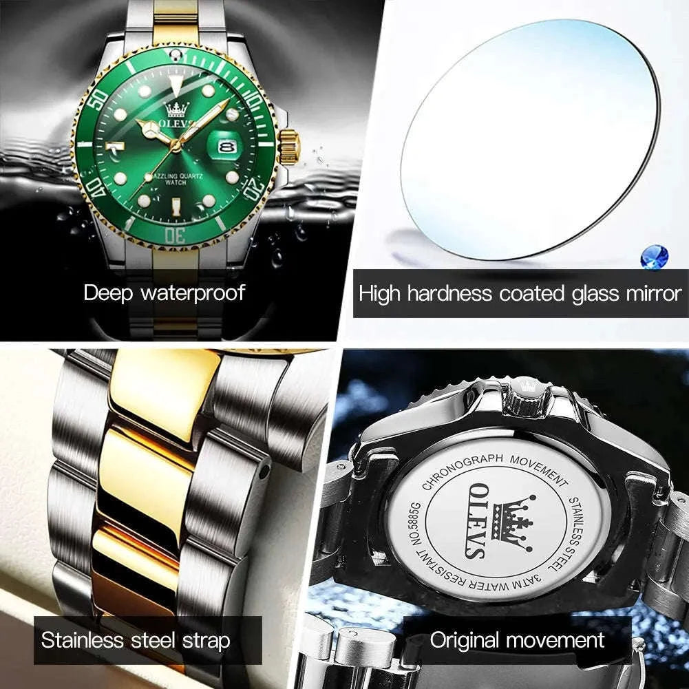 OLEVS Green Waterproof Quartz Watch-Golden blue / No