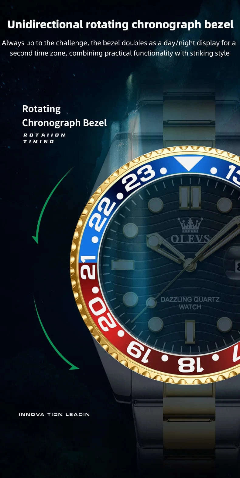 OLEVS Luxury Quartz Men's Diving Watch-Gold Black / United States