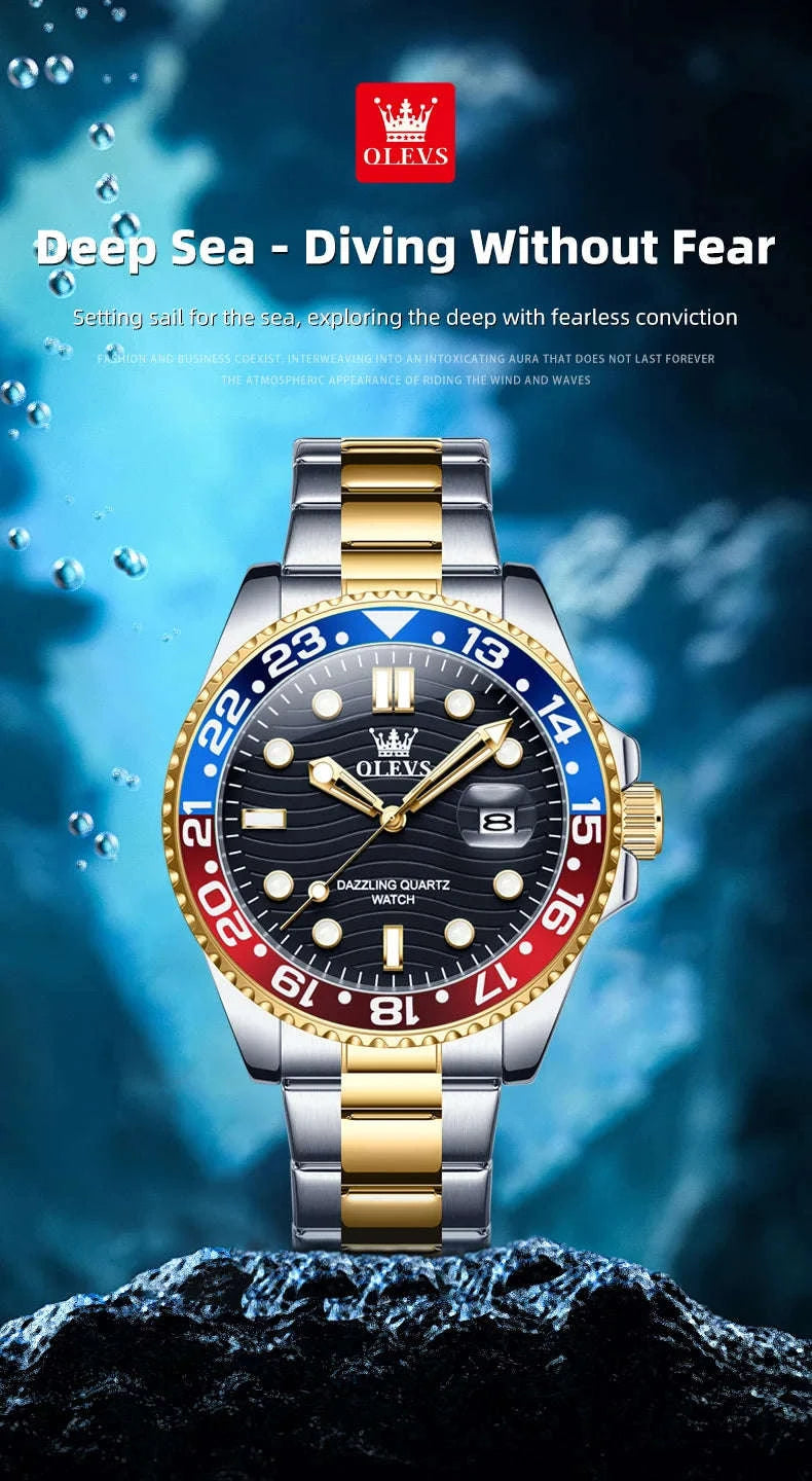 OLEVS Luxury Quartz Men's Diving Watch-Gold Black / United States