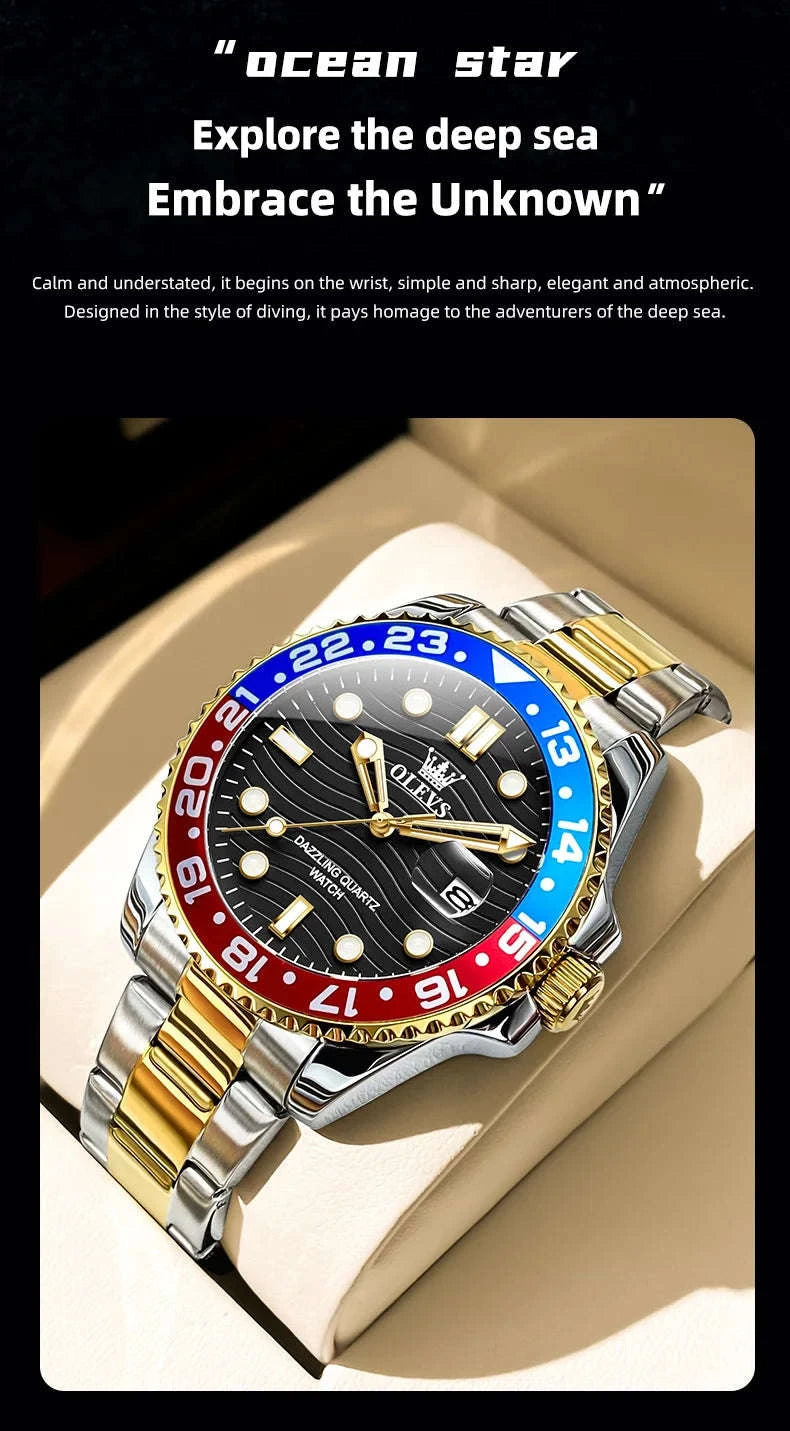 OLEVS Luxury Quartz Men's Diving Watch-Gold Black / United States