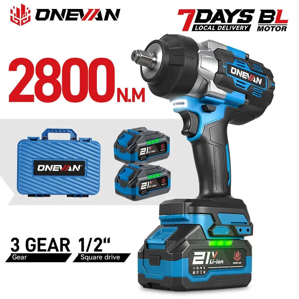 ONEVAN 2800N.M High Torque Brushless Electric Wrench Cordless 1/2 Inch Screwdriver Impact Drill Tool For Makita 18V Battery Pin-2 Big Battery Set / United States
