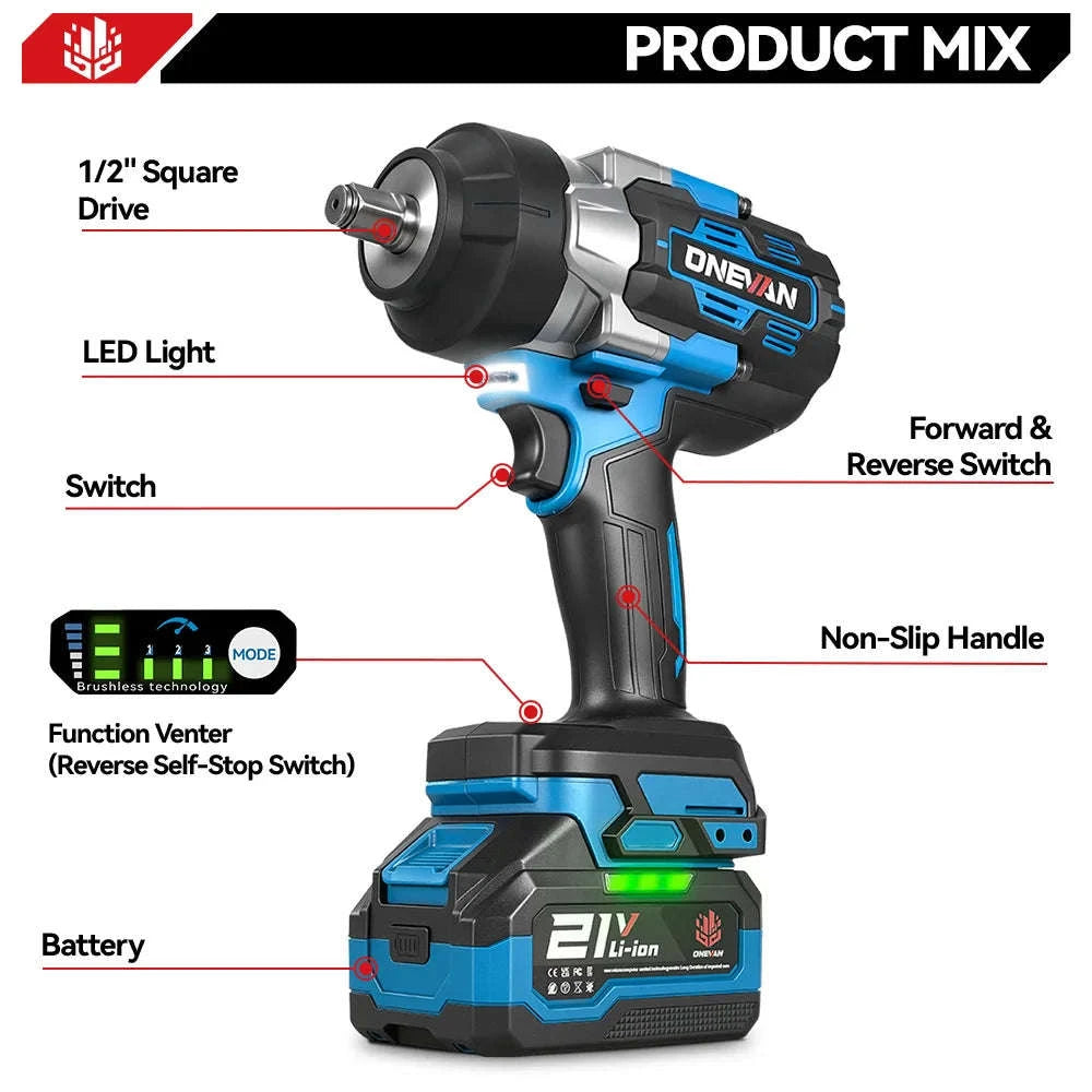 ONEVAN 2800N.M High Torque Brushless Electric Wrench Cordless 1/2 Inch Screwdriver Impact Drill Tool For Makita 18V Battery Pin-2 Big Battery Set / United States