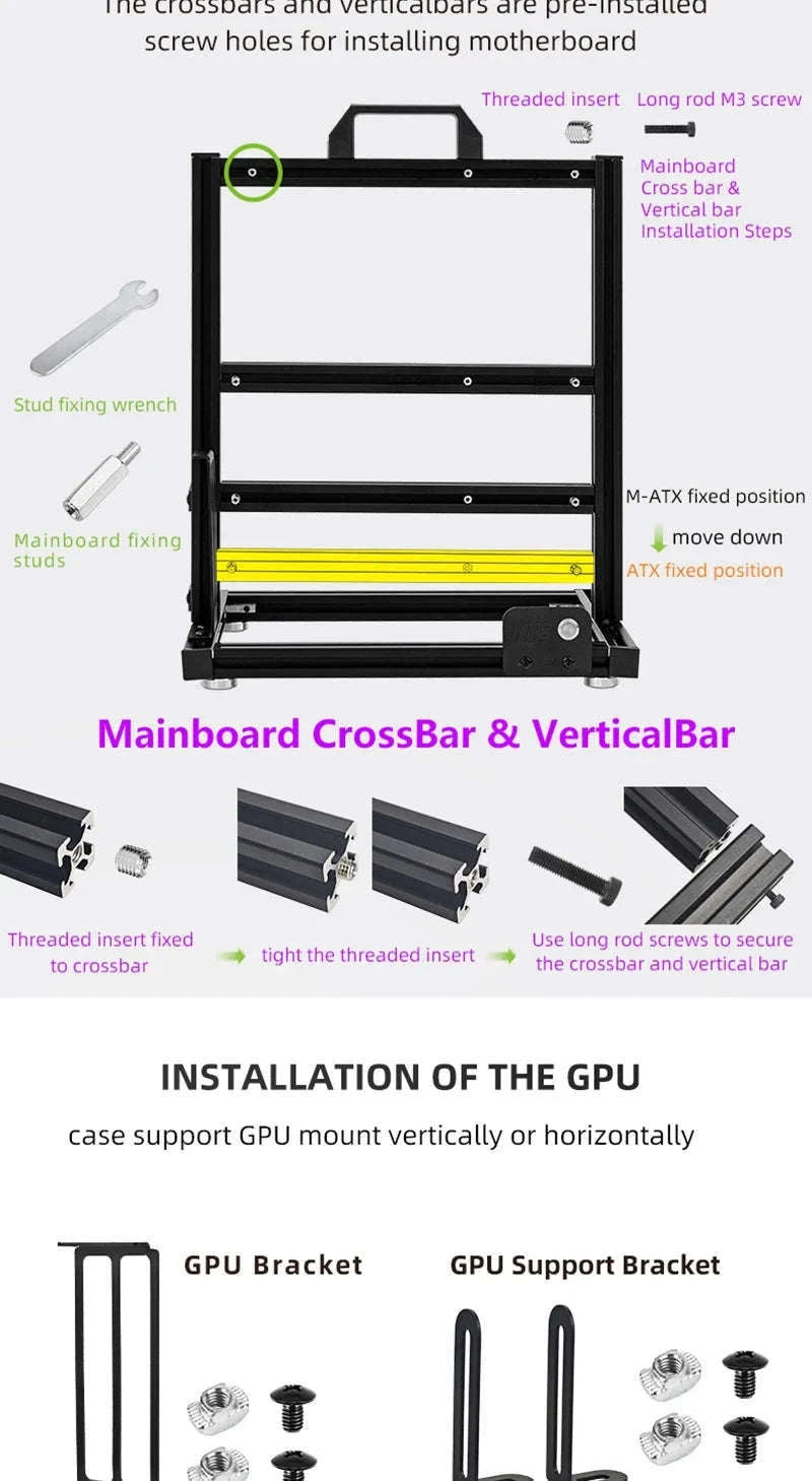 Open Frame ATX Aluminum PC Case with Horizontal GPU Mount-BlockCase Silver