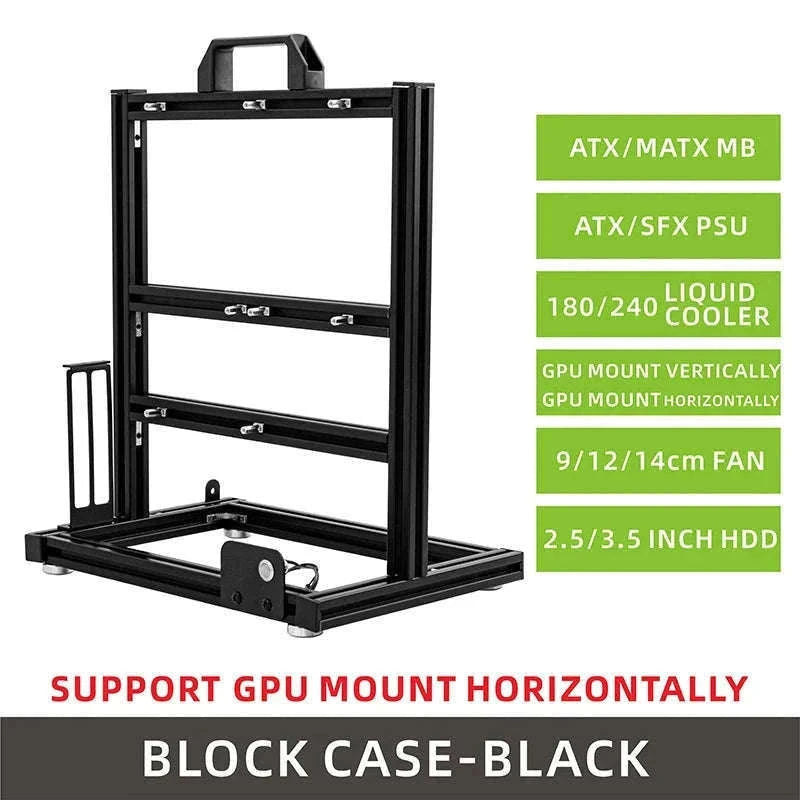 Open Frame ATX Aluminum PC Case with Horizontal GPU Mount-BlockCase Silver