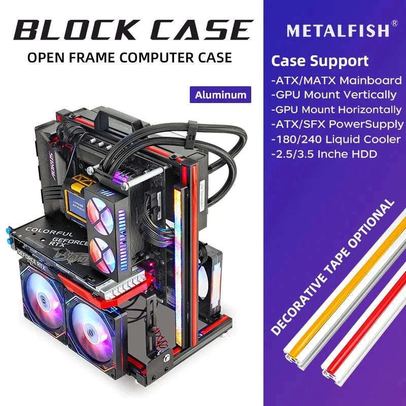 Open Frame ATX Aluminum PC Case with Horizontal GPU Mount-BlockCase Silver