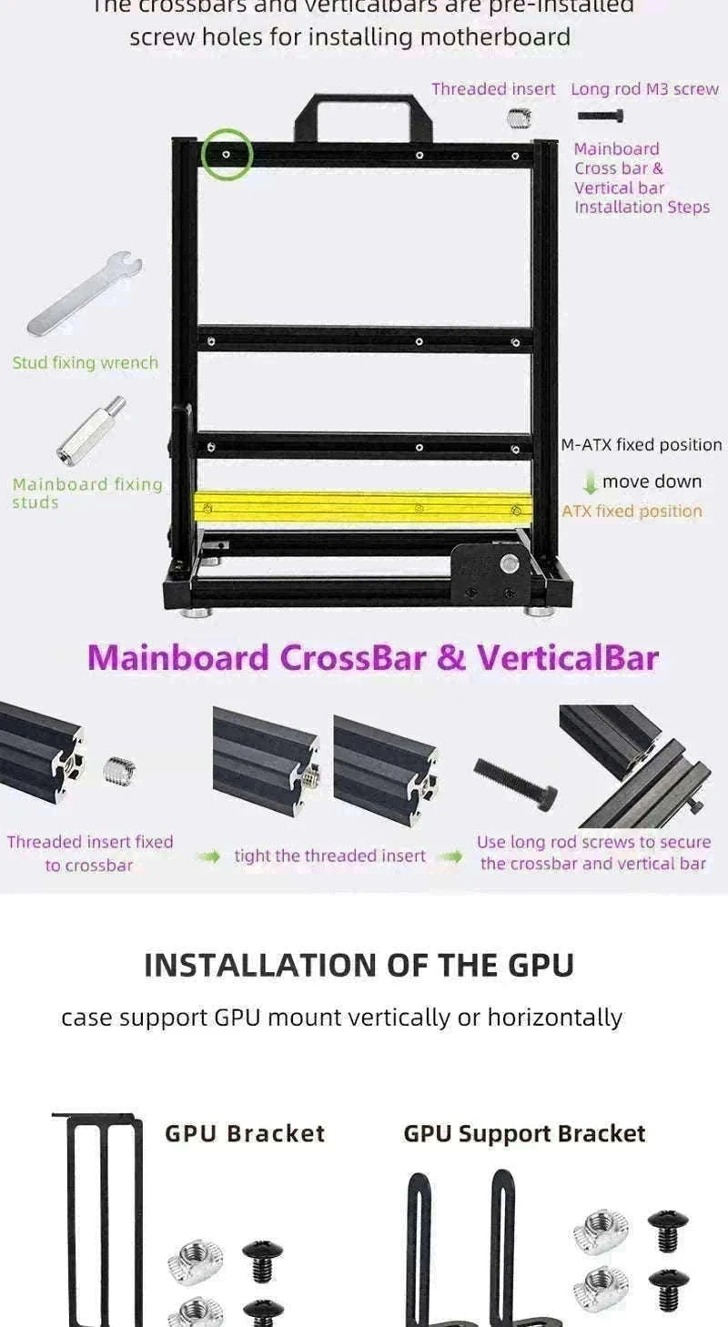 Open Frame ATX Aluminum PC Case with Horizontal GPU Mount-BlockCase Silver