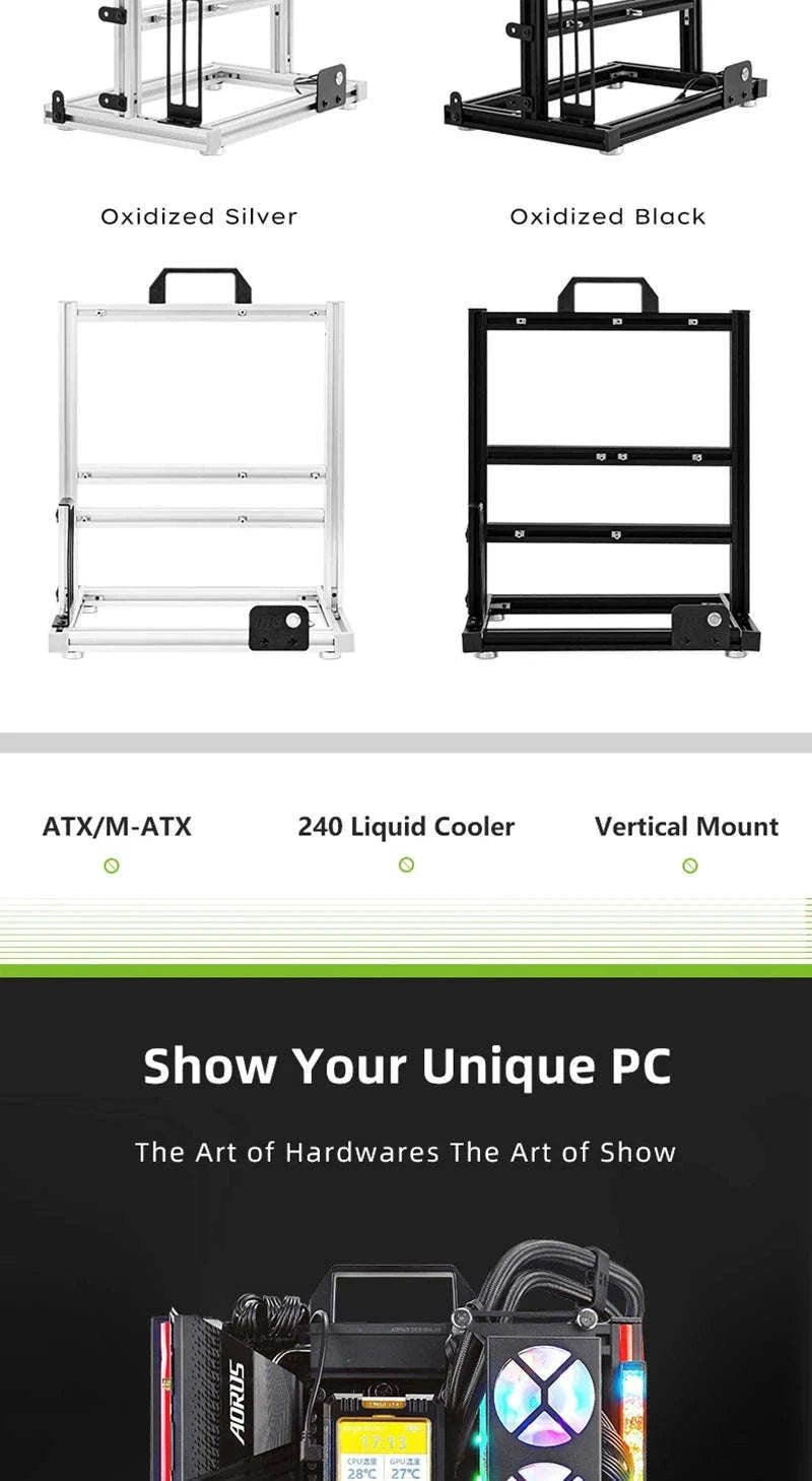 Open Frame ATX Aluminum PC Case with Horizontal GPU Mount-BlockCase Silver