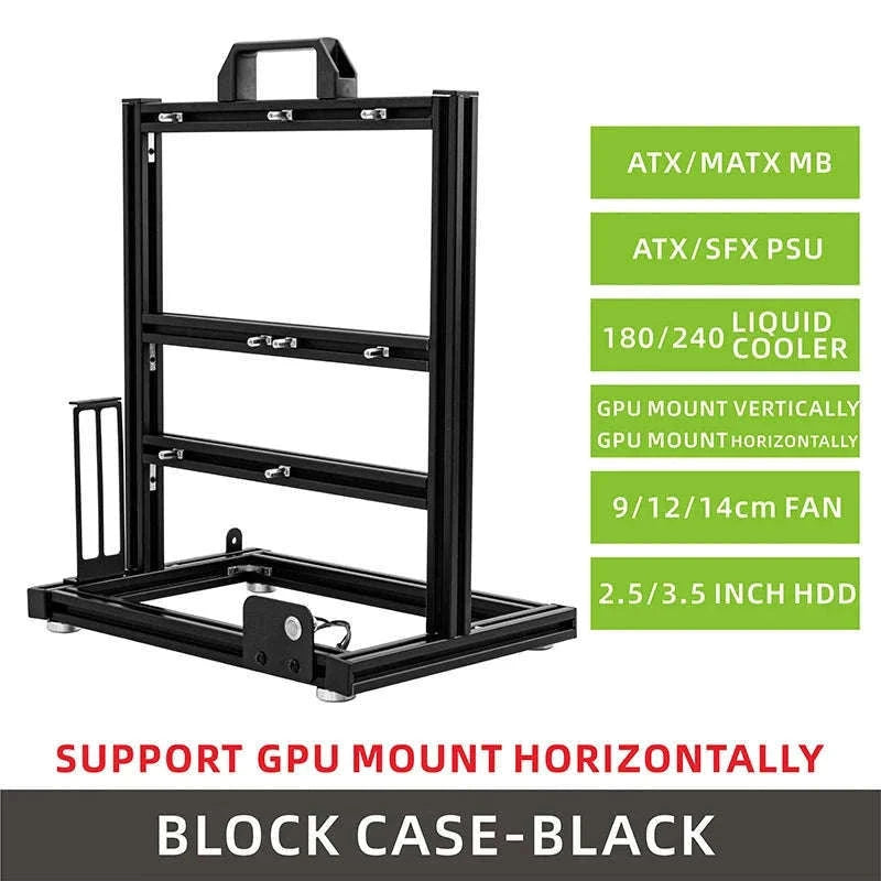 Open Frame ATX Aluminum PC Case with Horizontal GPU Mount-BlockCase Silver