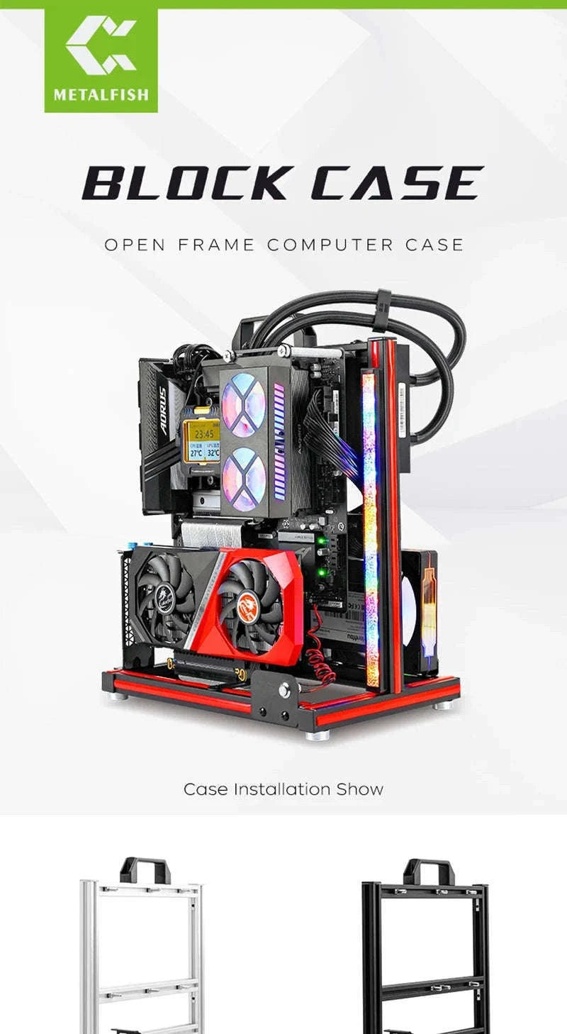 Open Frame ATX Aluminum PC Case with Horizontal GPU Mount-BlockCase Silver