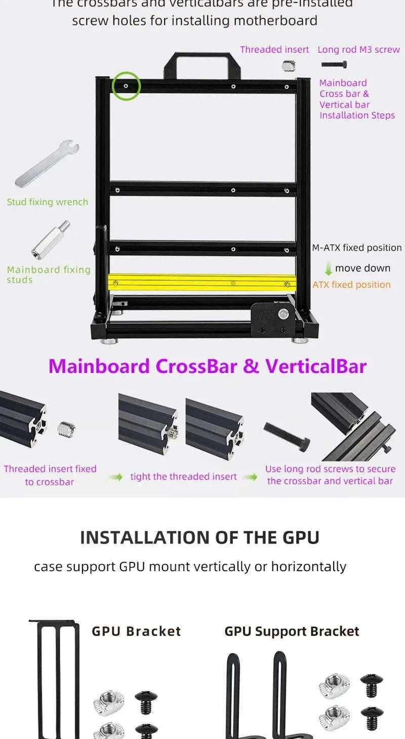 Open Frame ATX Aluminum PC Case with Horizontal GPU Mount-BlockCase Silver