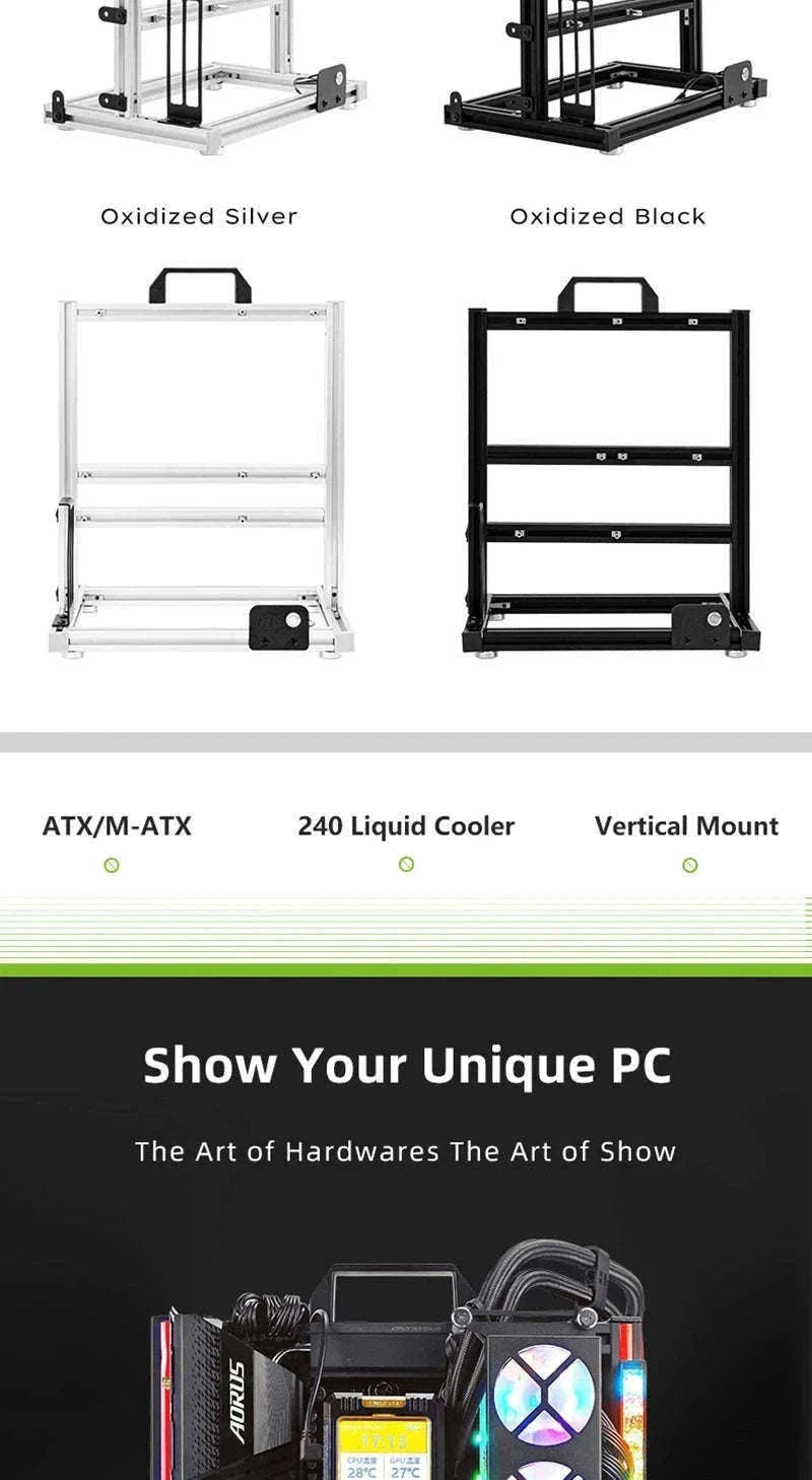 Open Frame ATX Aluminum PC Case with Horizontal GPU Mount-BlockCase Silver