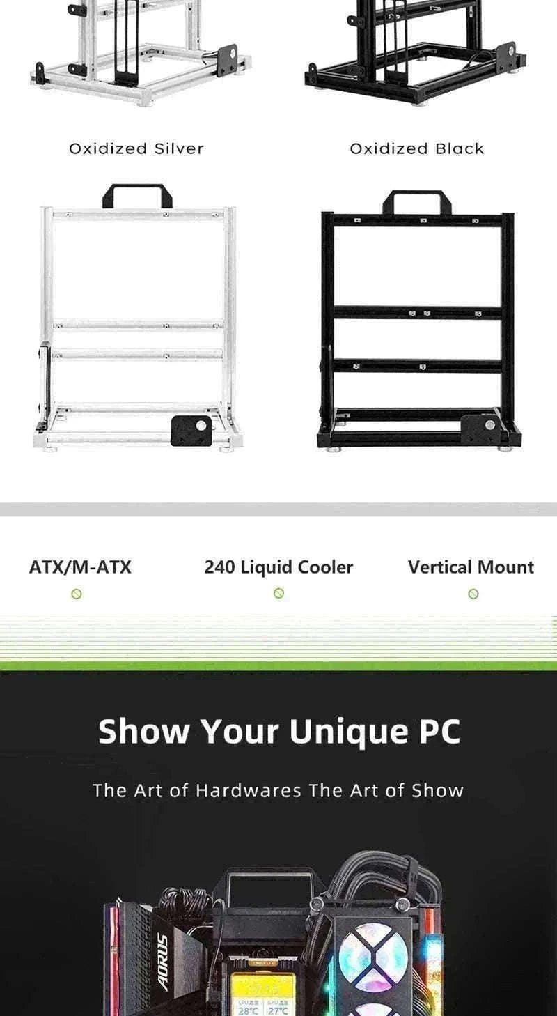 Open Frame ATX Aluminum PC Case with Horizontal GPU Mount-BlockCase Silver