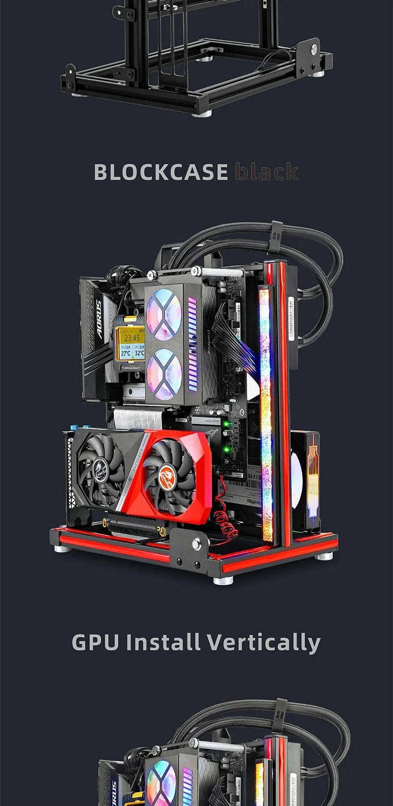 Open Frame ATX Aluminum PC Case with Horizontal GPU Mount-BlockCase Silver
