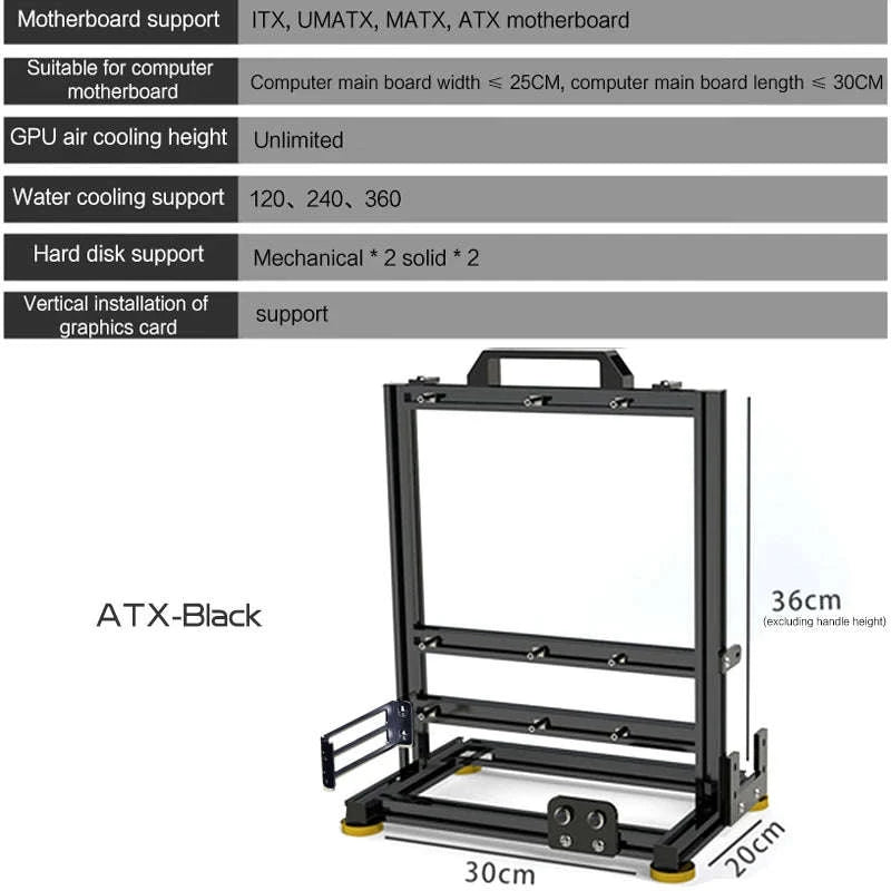 Open Frame PC Case ATX MicroATX ITX Aluminum Gaming Chassis-ATX-Black