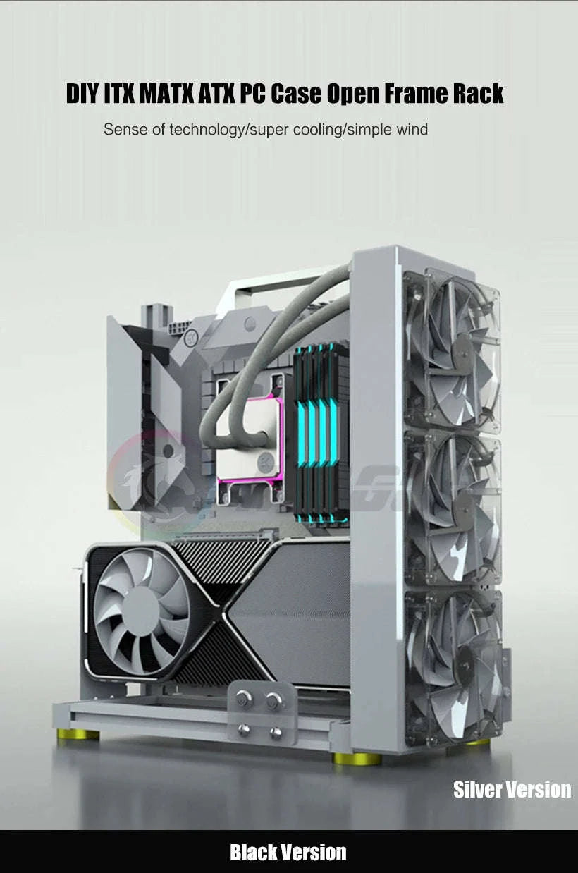 Open Frame PC Case ATX MicroATX ITX Aluminum Gaming Chassis-ATX-Black
