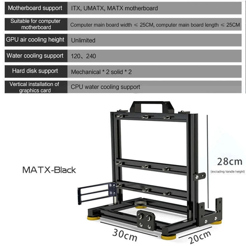 Open Frame PC Case ATX MicroATX ITX Aluminum Gaming Chassis-ATX-Black