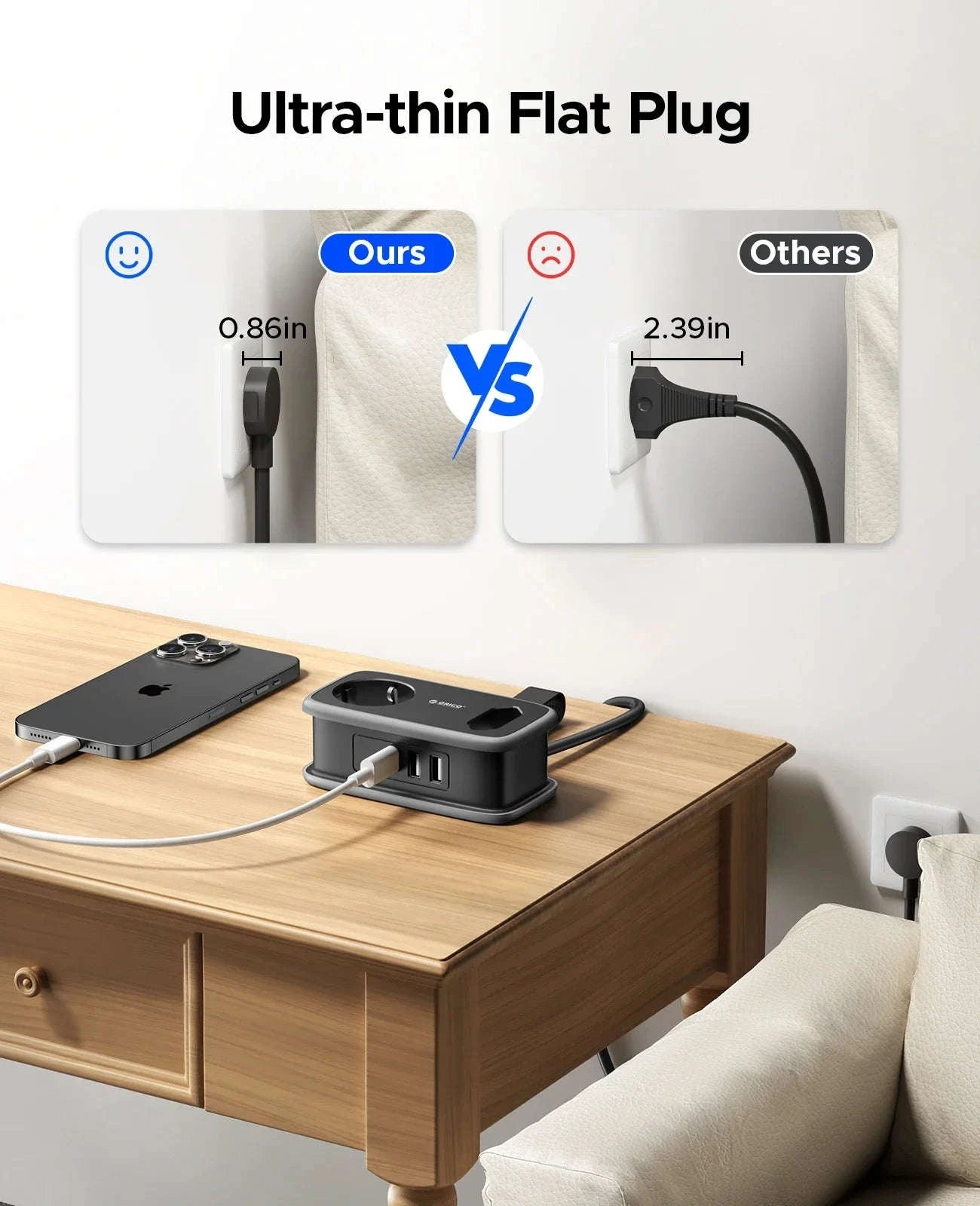 ORICO EU Plug Travel Power Strip with USB Charging-2A3U White / EU Plug / GERMANY
