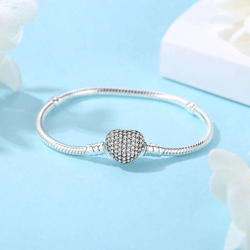 Original 925 Sterling Silver Bracelet with Heart Charms-20 / 17cm