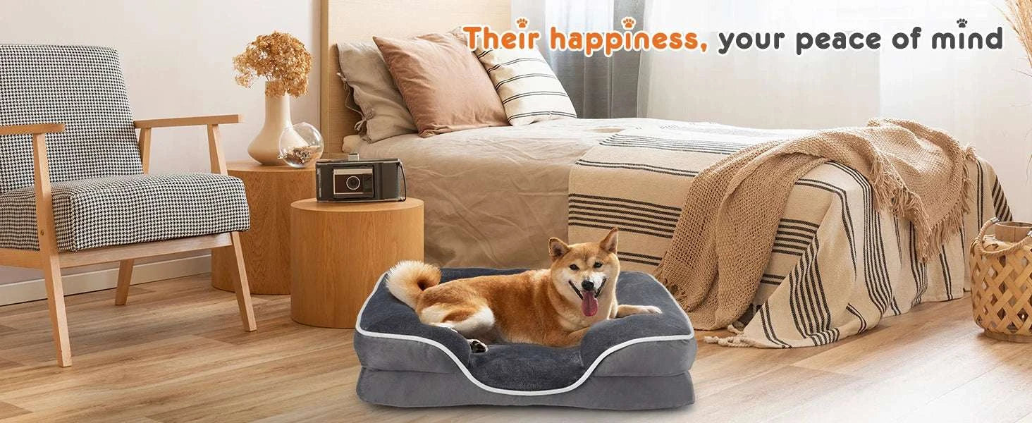 Orthopedic Memory Foam Dog Bed with Washable Cover & Non-Slip Base-