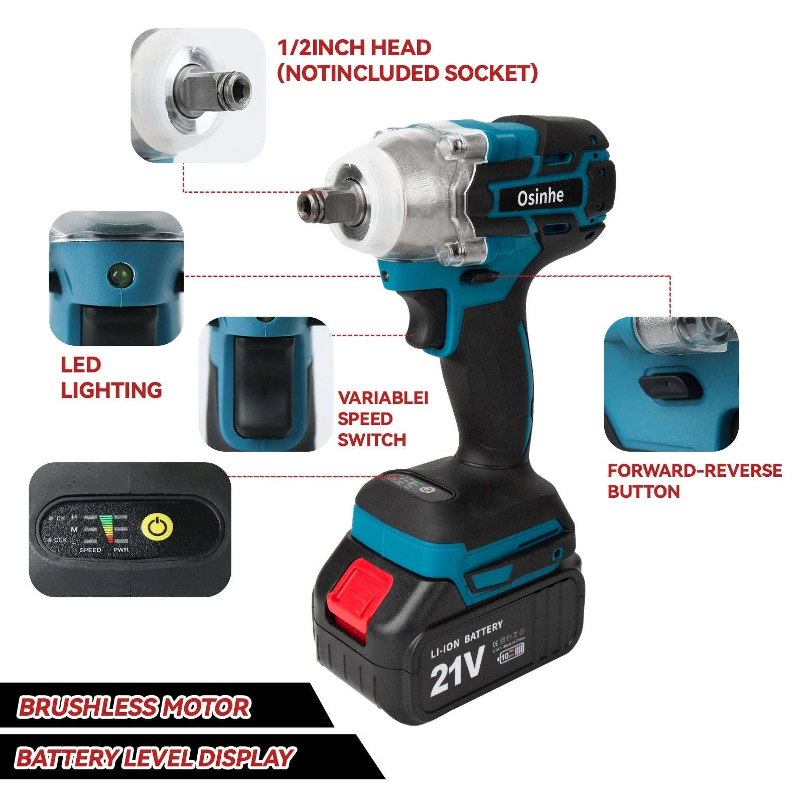 Osinhe Cordless Brushless Impact Wrench 520N·m Torque-2 Battery EU Set / Poland / EU