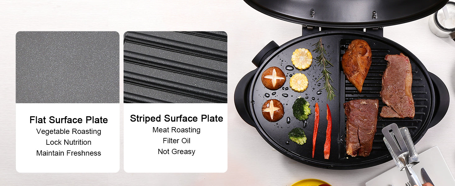 1800W Electric BBQ Grill with 2-Zone Surface for Indoor Outdoor Use