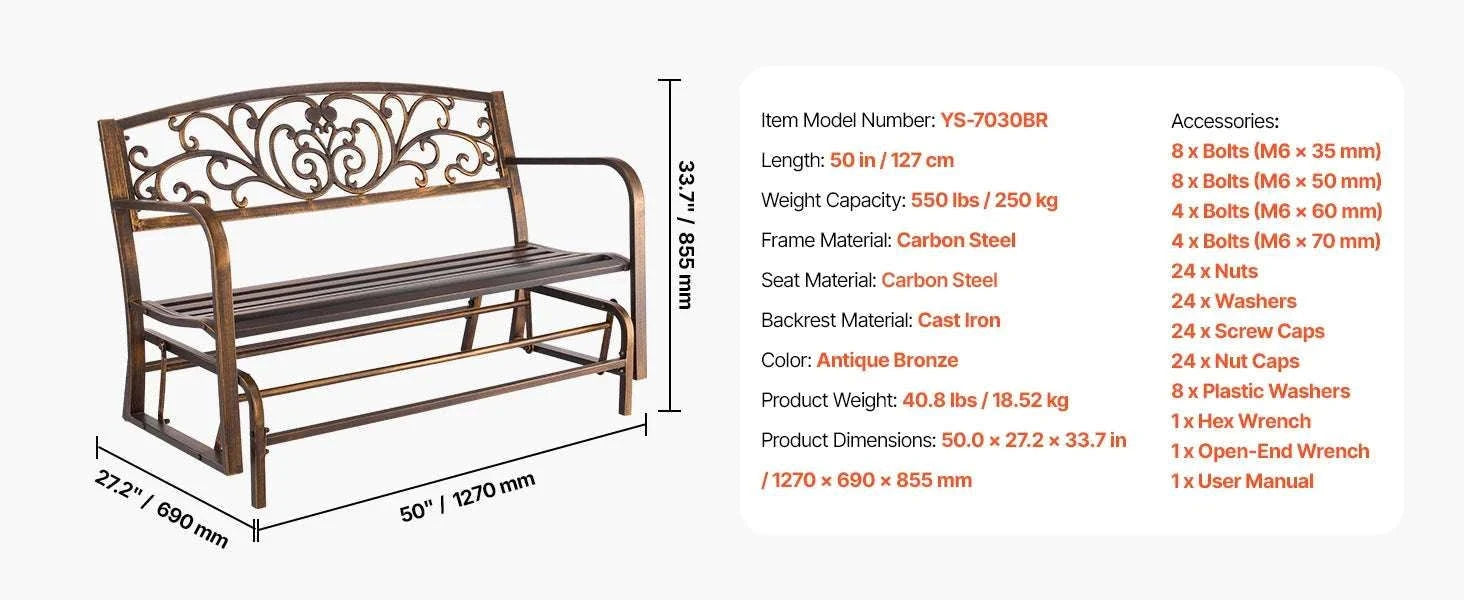 Outdoor Garden Bench with Backrest 480 lb Capacity Patio Seating-Metal C 127cm / france