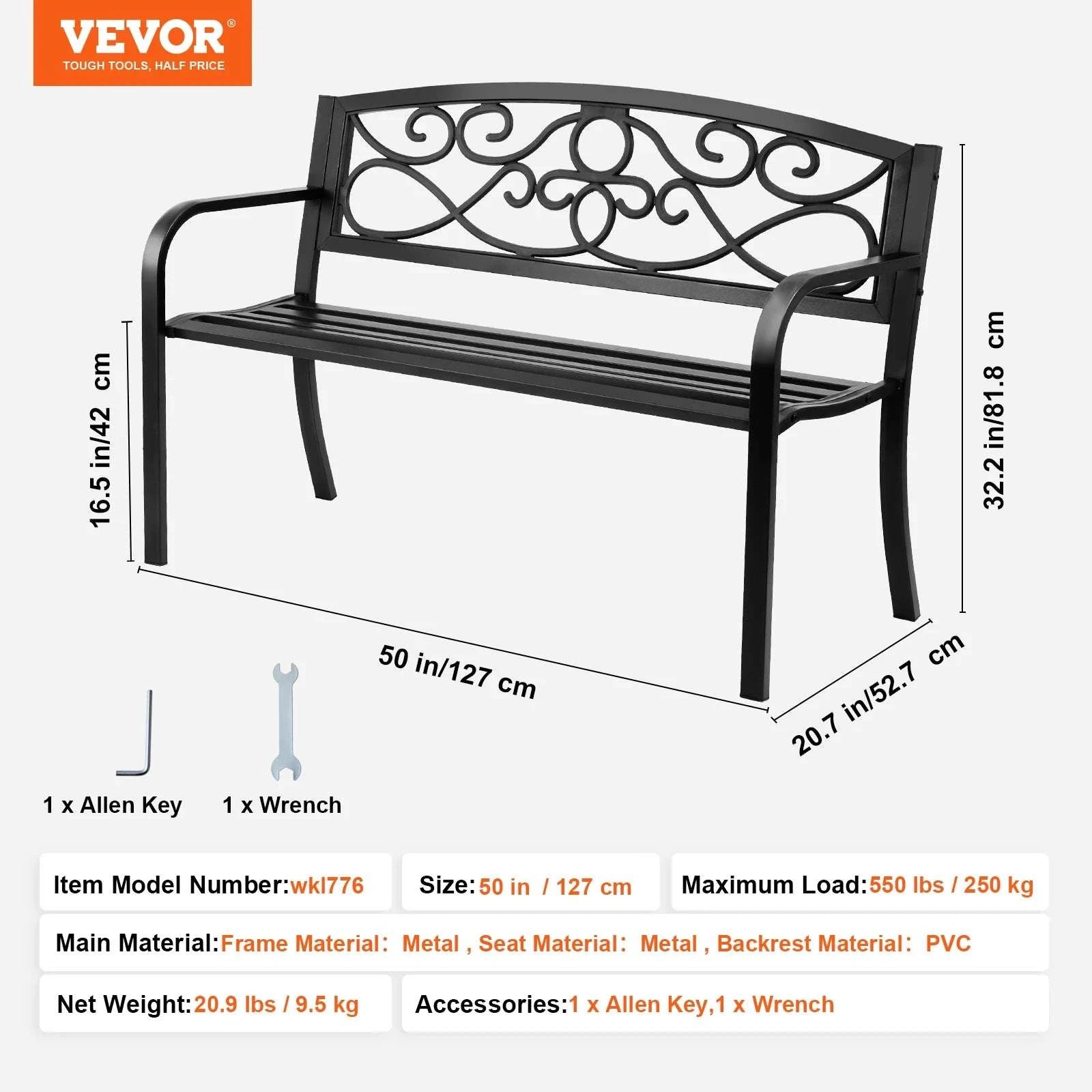 Outdoor Garden Bench with Backrest 480 lb Capacity Patio Seating-Metal C 127cm / france
