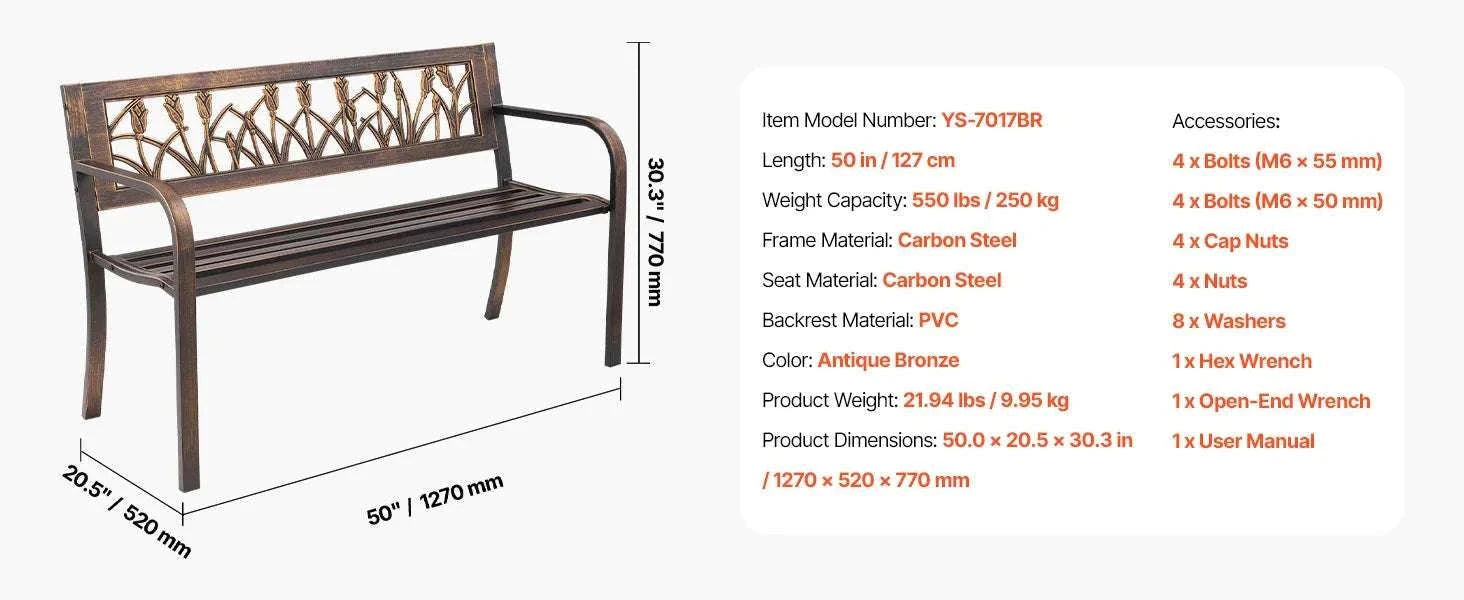 Outdoor Garden Bench with Backrest 480 lb Capacity Patio Seating-Metal C 127cm / france